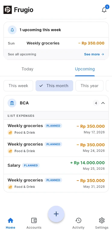 Frugio home screen — total balance and today's transactions